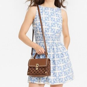 Brown Checkered Top‎ Handle Handbag Small